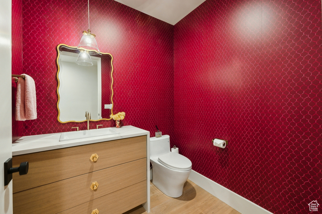 Bathroom featuring vanity, hardwood / wood-style flooring, and toilet