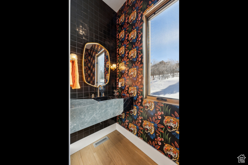 Bathroom with hardwood / wood-style flooring