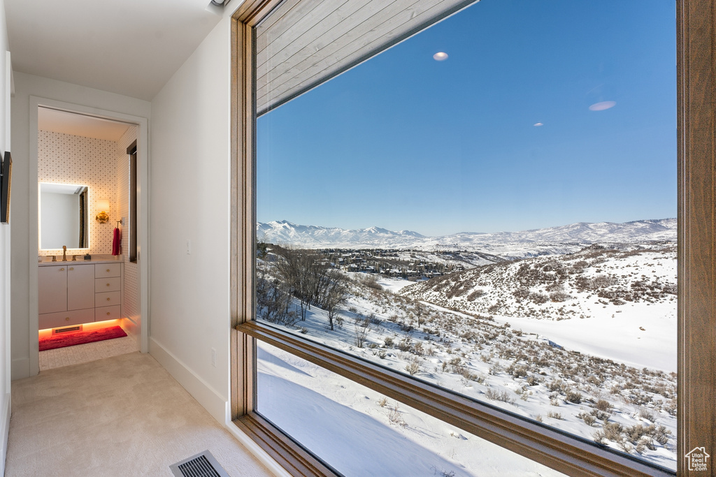 Interior space featuring carpet flooring, a mountain view, and sink