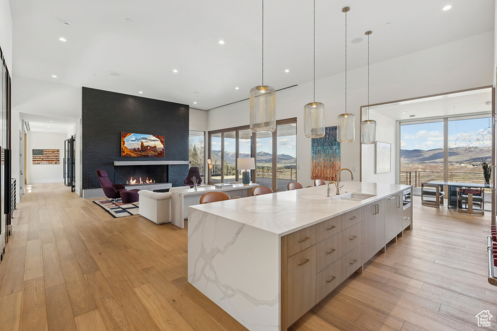 Kitchen with modern cabinets, a sink, a spacious island, a large fireplace, and light wood-style flooring