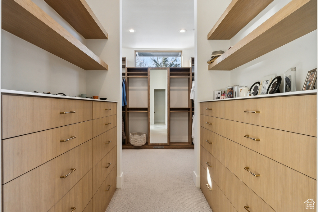 Spacious closet featuring light colored carpet