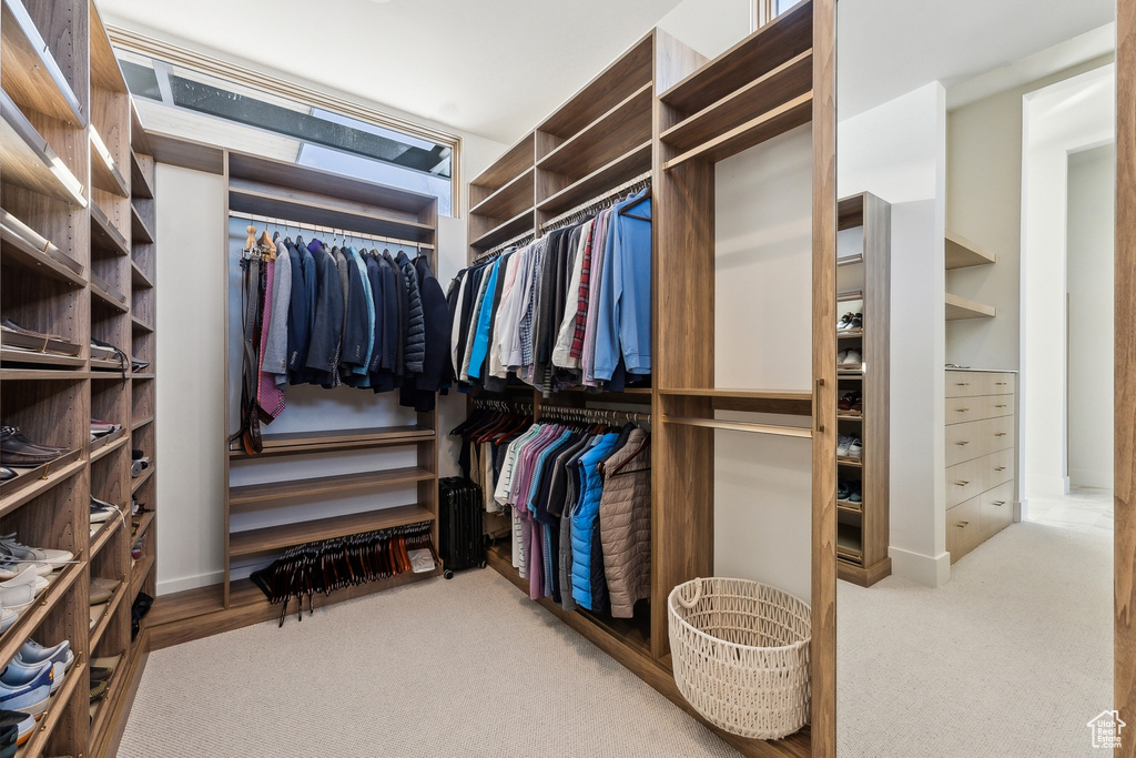 Walk in closet with light colored carpet