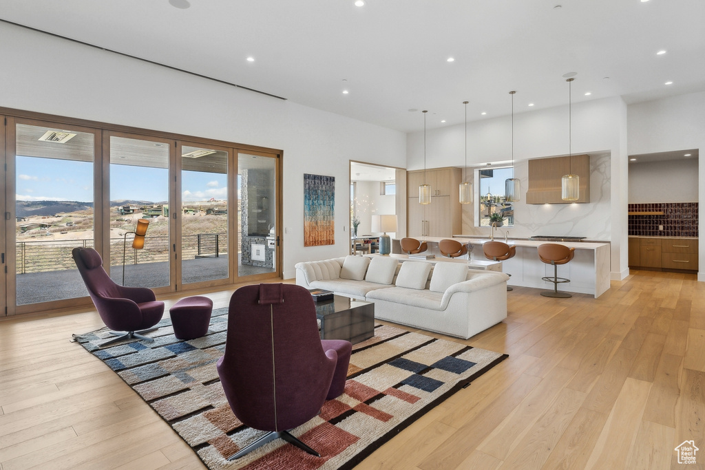 Living room featuring light wood-style flooring and recessed lighting