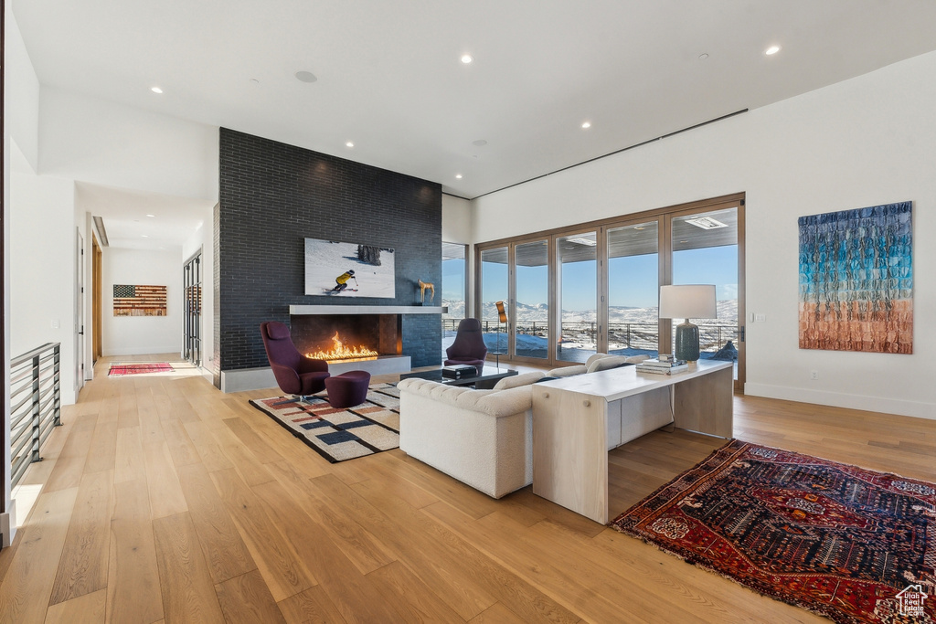 Living room featuring a multi sided fireplace and light wood-type flooring