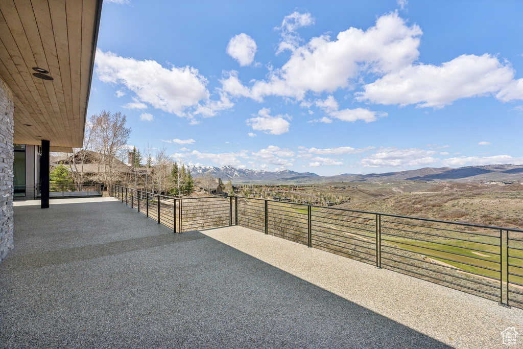 View of patio featuring a mountain view
