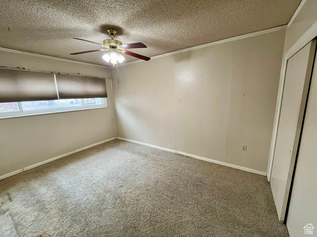 Carpeted spare room featuring a textured ceiling, ornamental molding, and ceiling fan