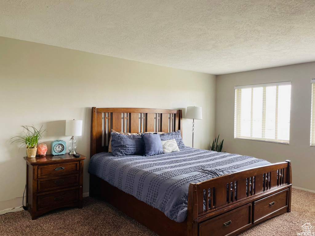 Bedroom with carpet flooring and a textured ceiling