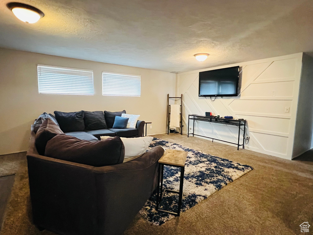 Living room featuring carpet floors and a textured ceiling