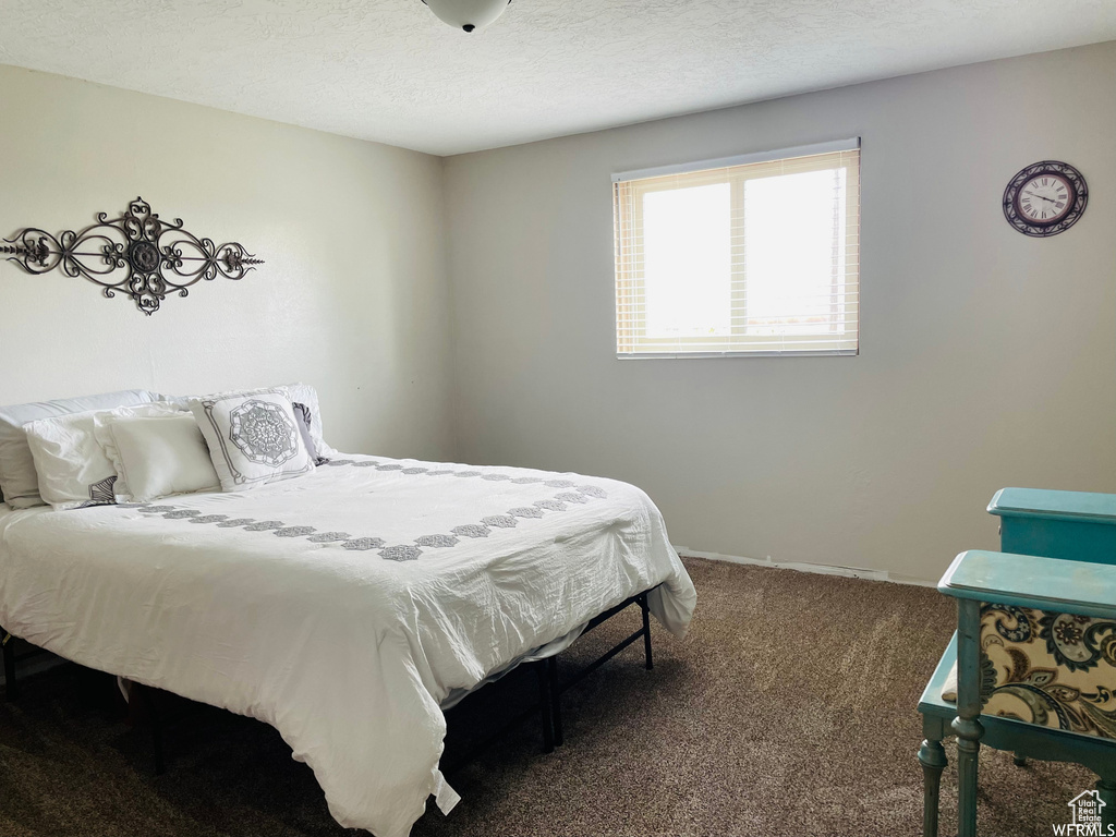 Carpeted bedroom with a textured ceiling