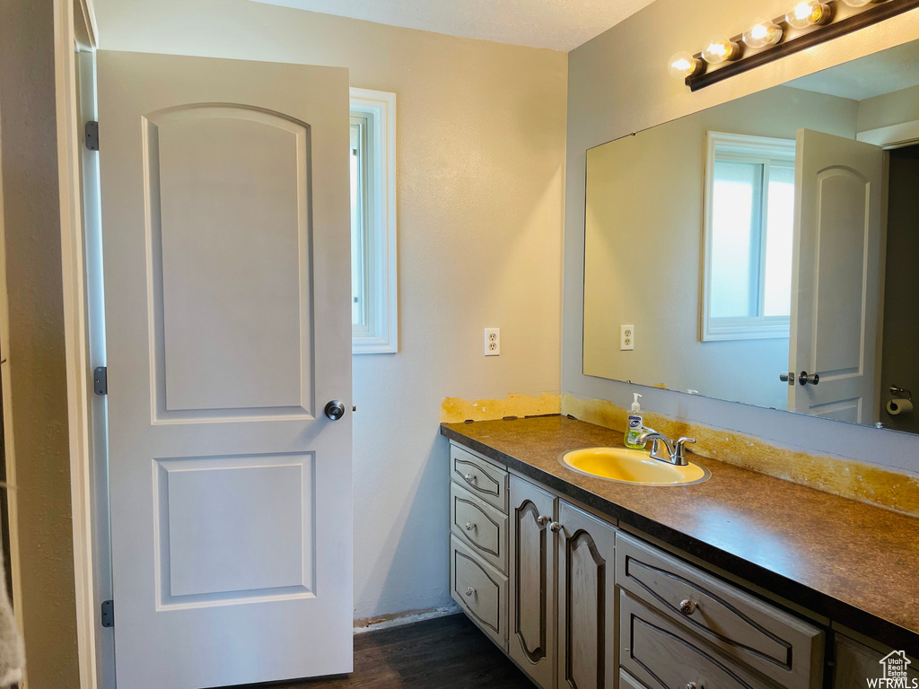 Bathroom featuring vanity and wood-type flooring