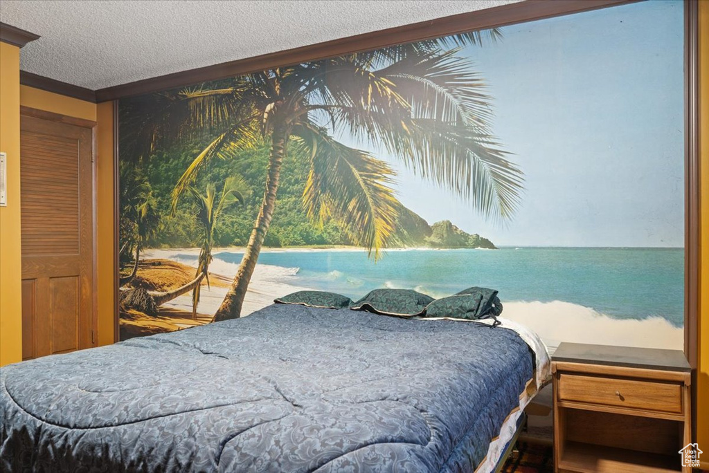 Bedroom with a textured ceiling and a water view