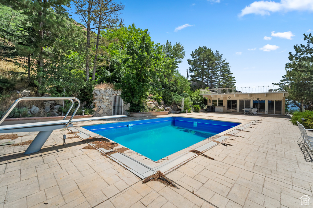 Swimming pool featuring a patio and a diving board