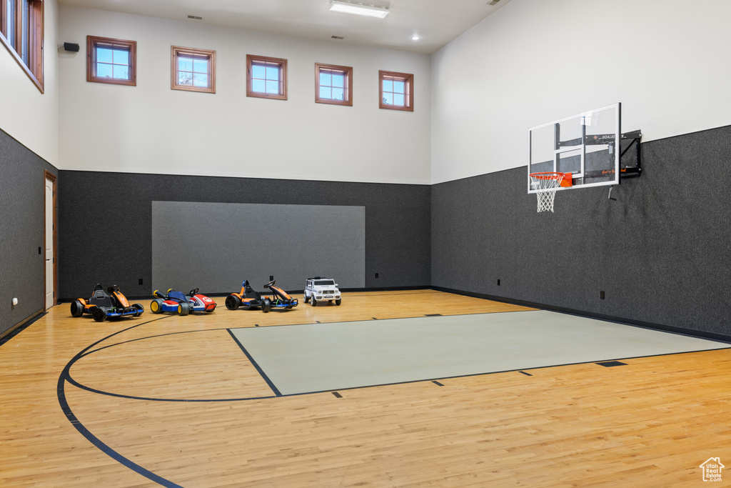 View of basketball court with basketball hoop
