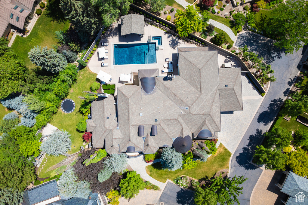 View from above of property with a pool area