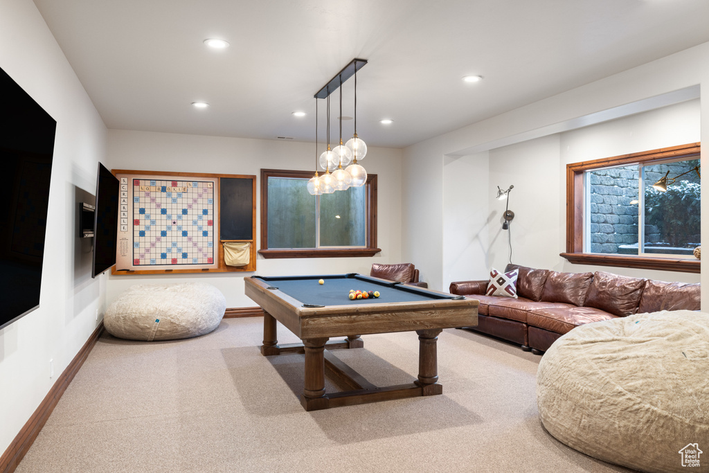 Playroom featuring carpet, recessed lighting, and pool table