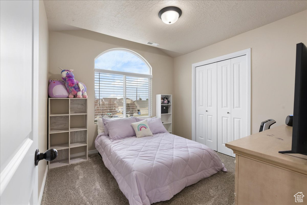 Bedroom with a closet, a textured ceiling, and carpet flooring