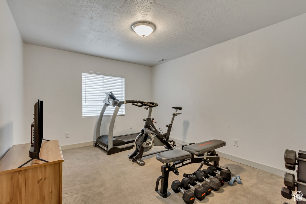 Workout room featuring carpet and a textured ceiling