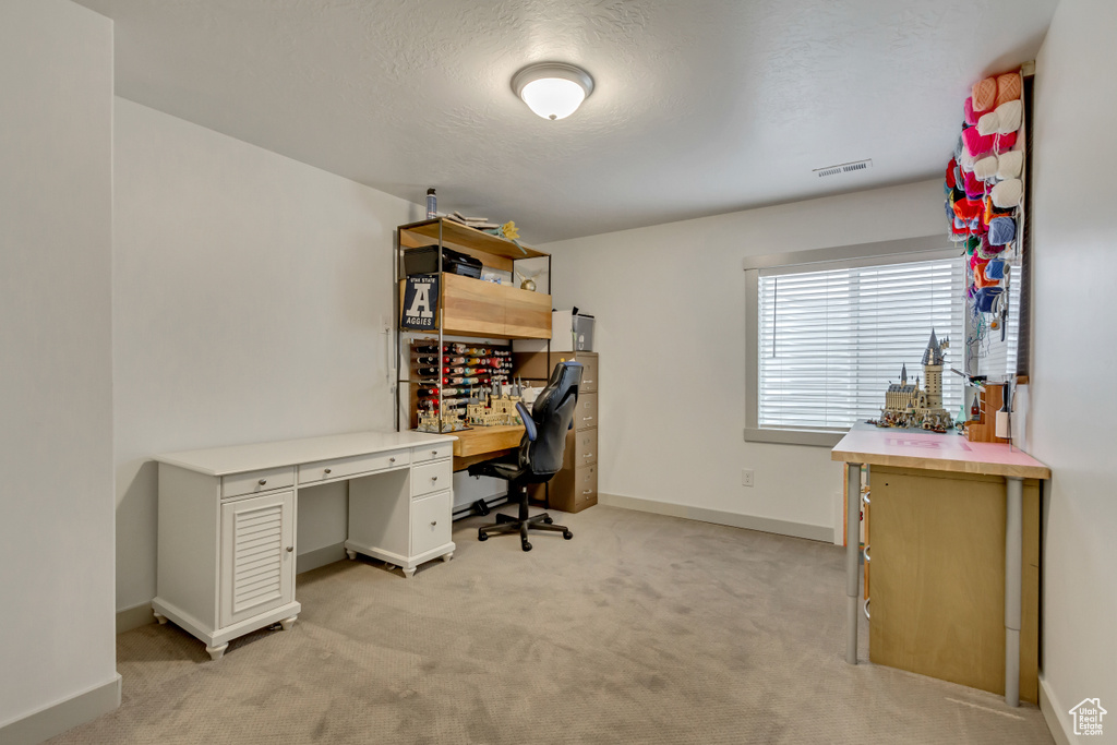 Home office with light carpet and a textured ceiling