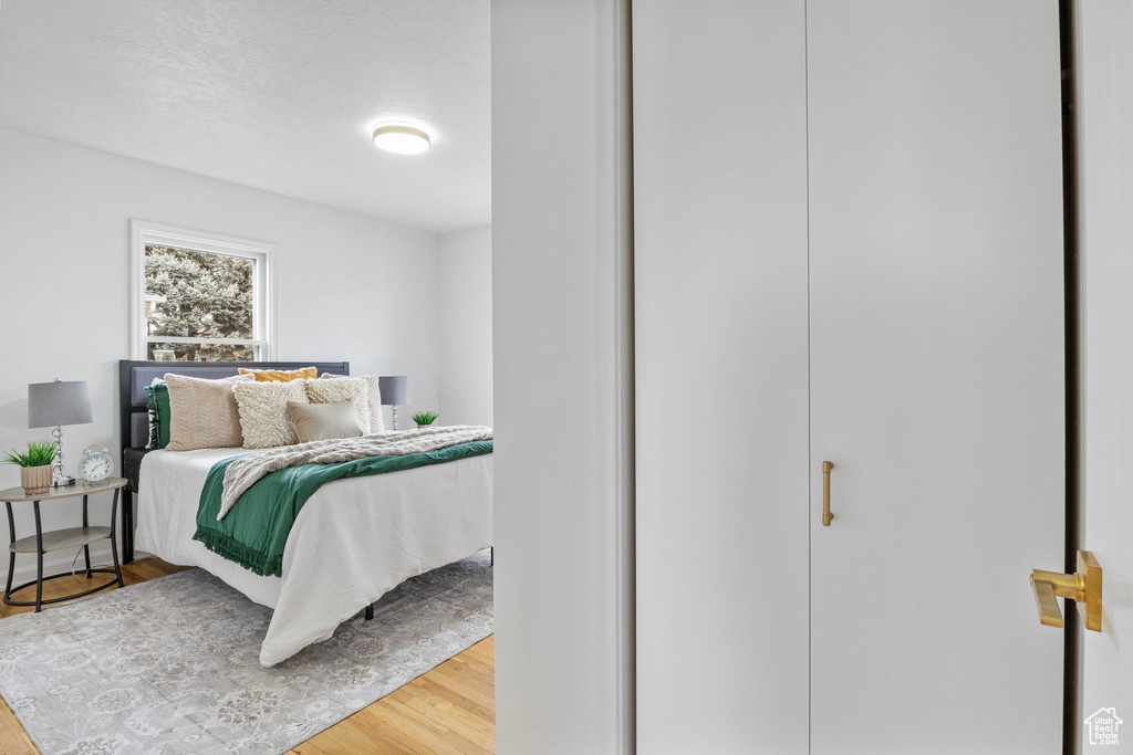 Bedroom with hardwood / wood-style flooring