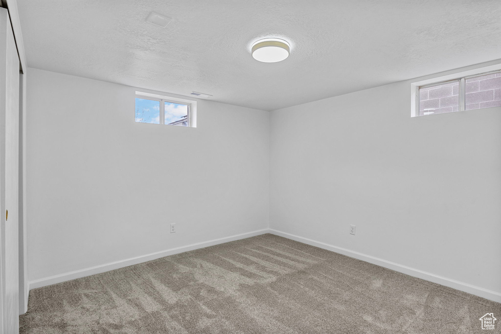 Basement with carpet floors and a textured ceiling