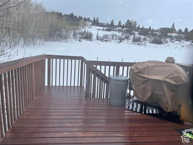 Snow covered deck featuring grilling area