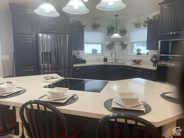 Kitchen with sink, stainless steel appliances, hanging light fixtures, and a healthy amount of sunlight
