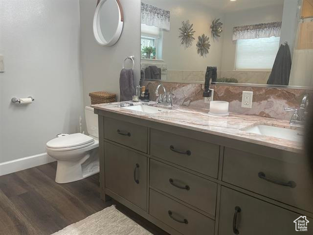 Bathroom with vanity, hardwood / wood-style floors, decorative backsplash, and toilet