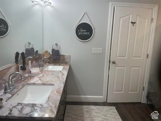 Bathroom featuring vanity and wood-type flooring