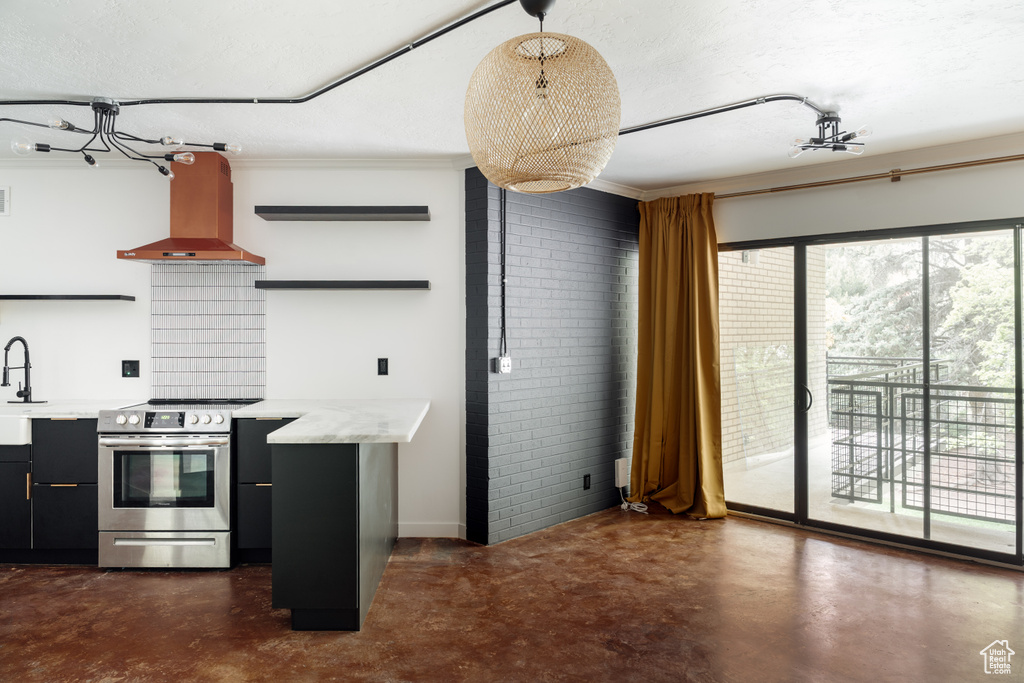 Kitchen featuring wall chimney exhaust hood, open shelves, finished concrete flooring, and electric range