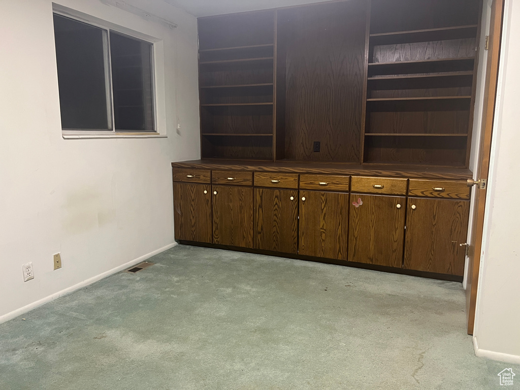 Interior space featuring light carpet and dark brown cabinets