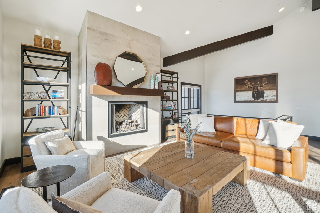 Living area featuring a fireplace, wood finished floors, baseboards, and recessed lighting
