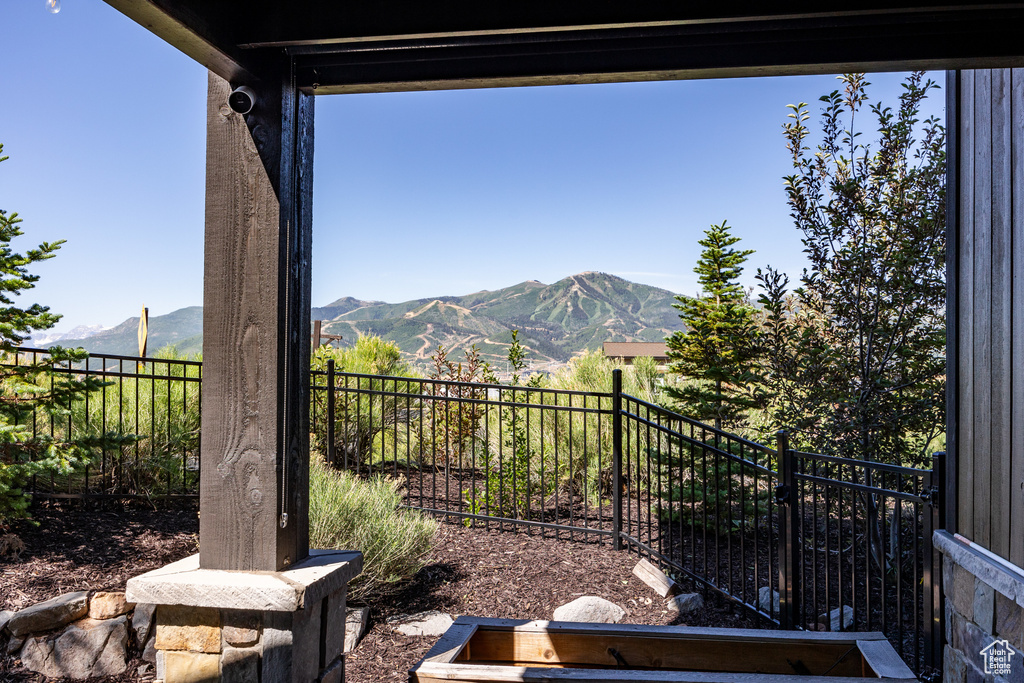 View of patio featuring a mountain view