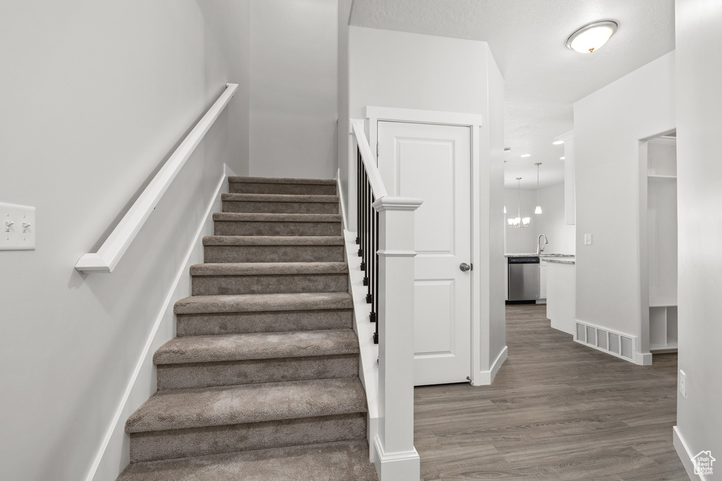 Stairs with hardwood / wood-style flooring and sink