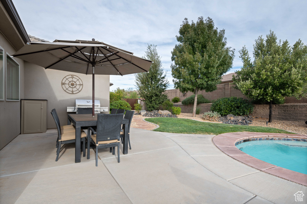 View of swimming pool with a grill and a patio area