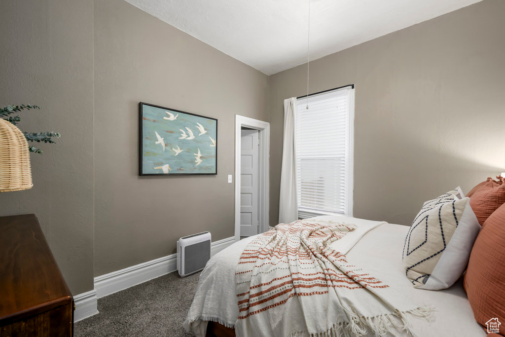 Bedroom with dark colored carpet