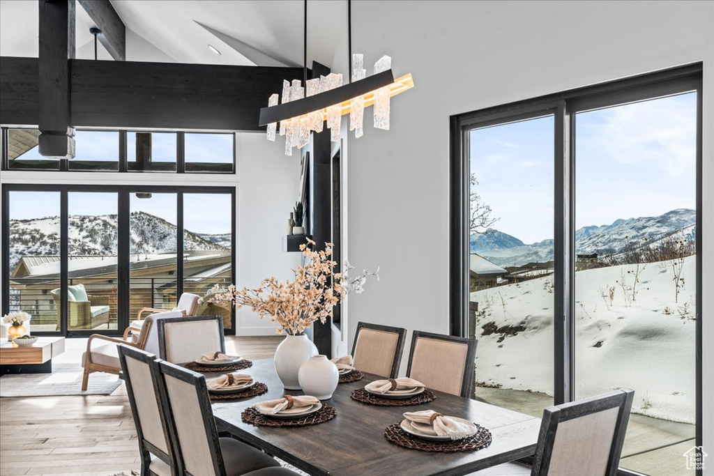 Dining room featuring a mountain view, light hardwood / wood-style floors, and high vaulted ceiling