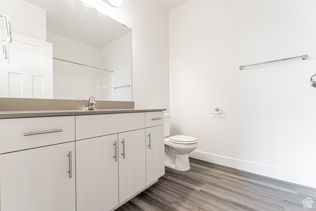 Bathroom with vanity, wood finished floors, and a shower