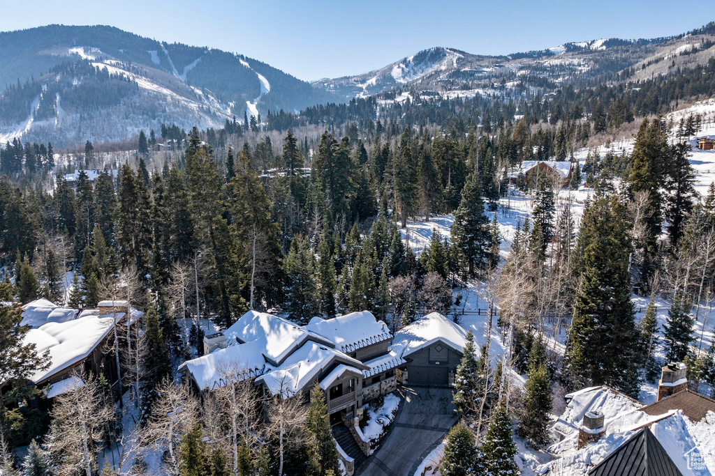 Snowy aerial view featuring a mountain view and a wooded view