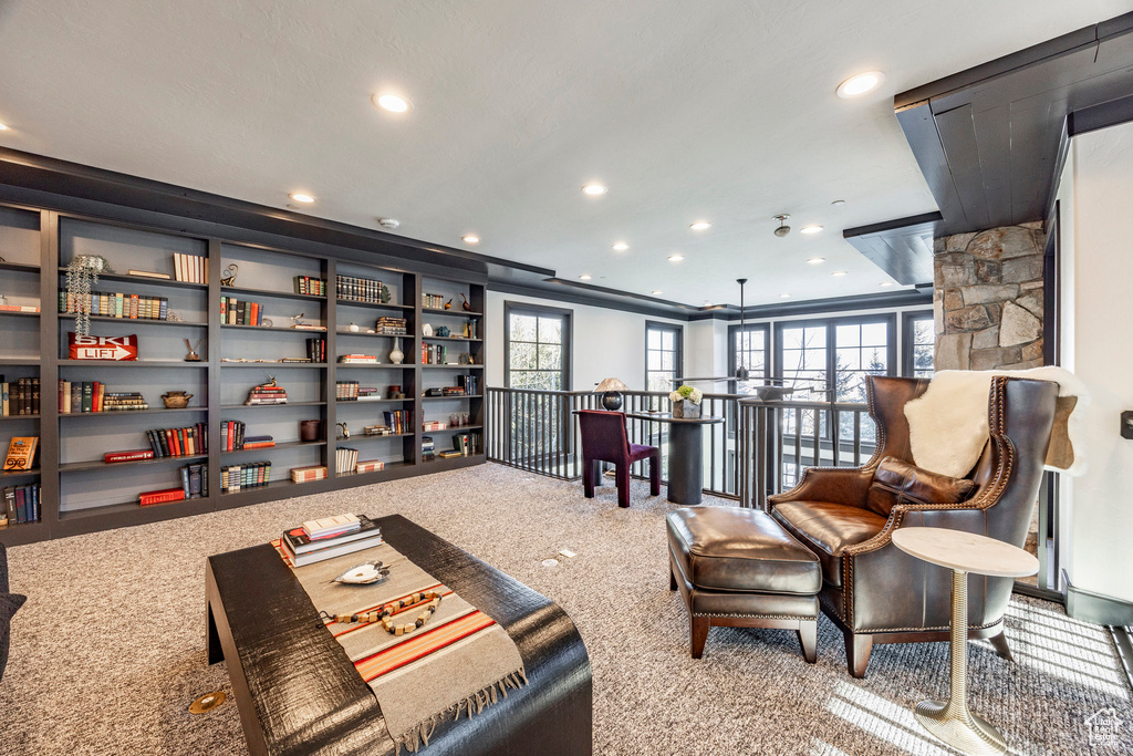 Living area featuring recessed lighting and carpet flooring