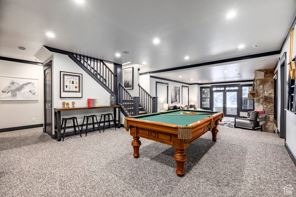 Playroom with carpet floors, recessed lighting, billiards table, ornamental molding, and baseboards