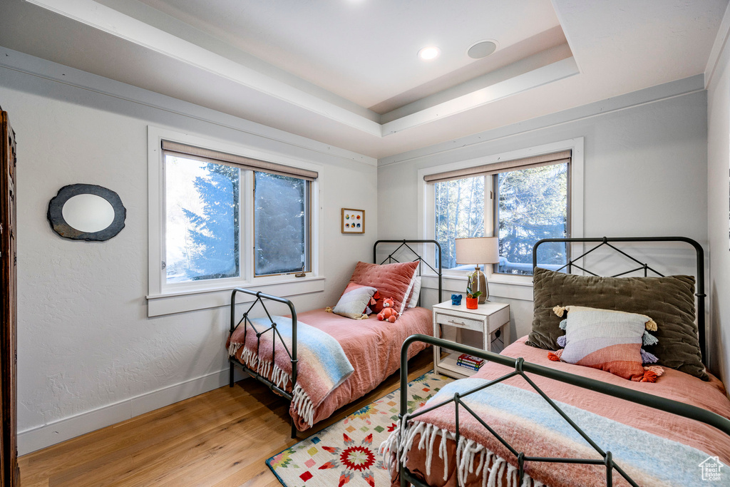 Bedroom featuring wood finished floors, baseboards, a raised ceiling, and recessed lighting