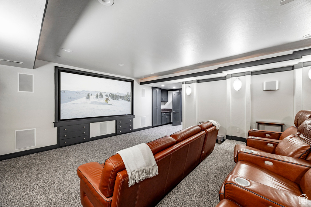 Cinema with carpet floors, baseboards, and recessed lighting