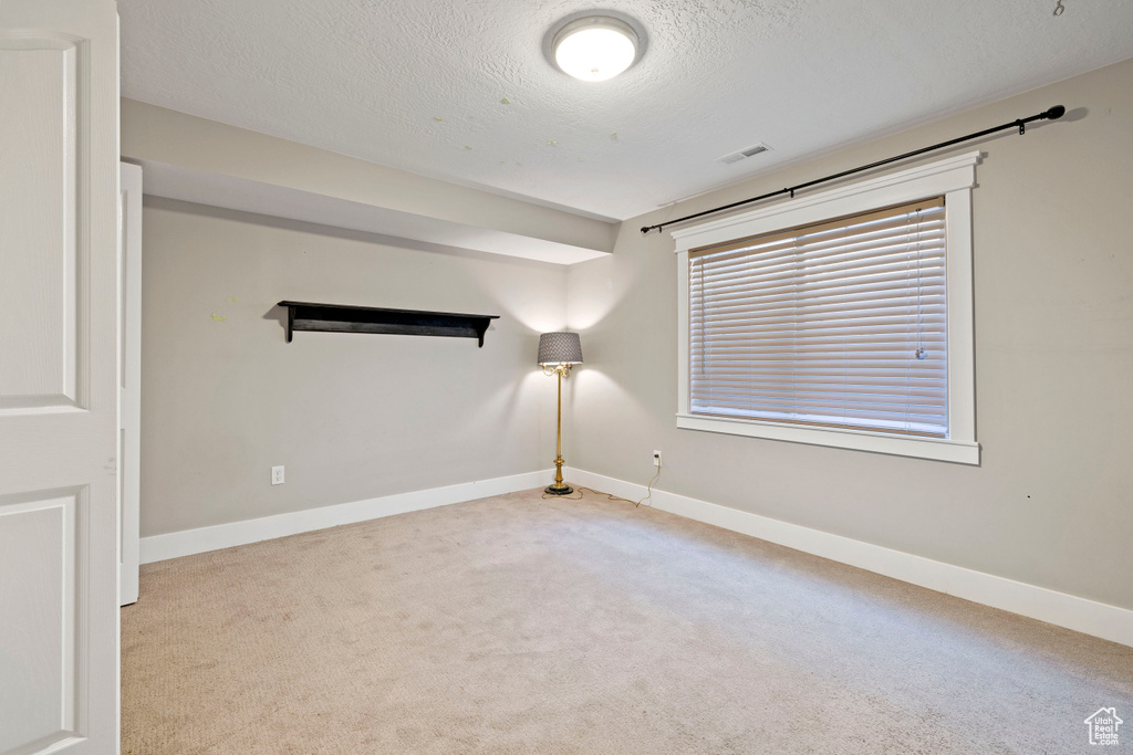 Unfurnished room with light carpet and a textured ceiling