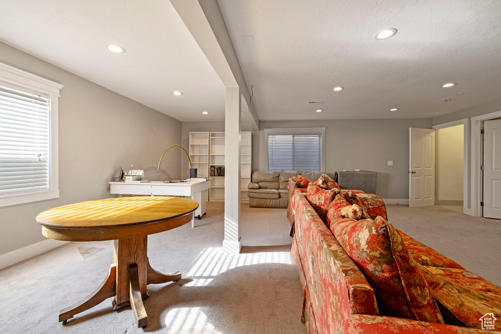 Living room featuring light colored carpet