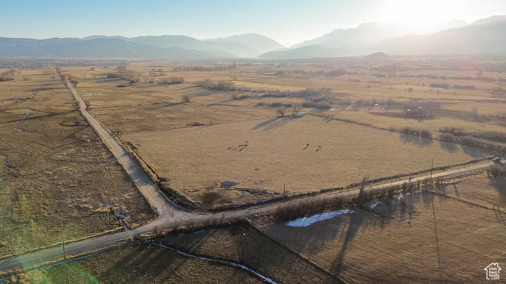 Drone / aerial view featuring a mountain view and a rural view