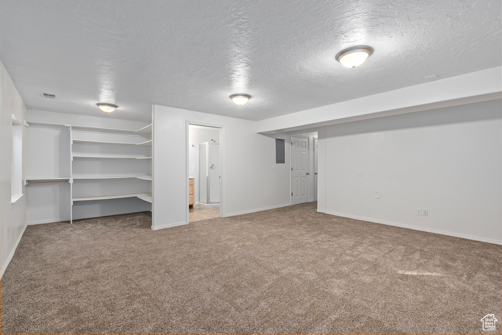 Basement featuring carpet flooring, electric panel, and a textured ceiling