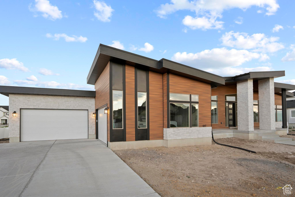 Modern home featuring a garage