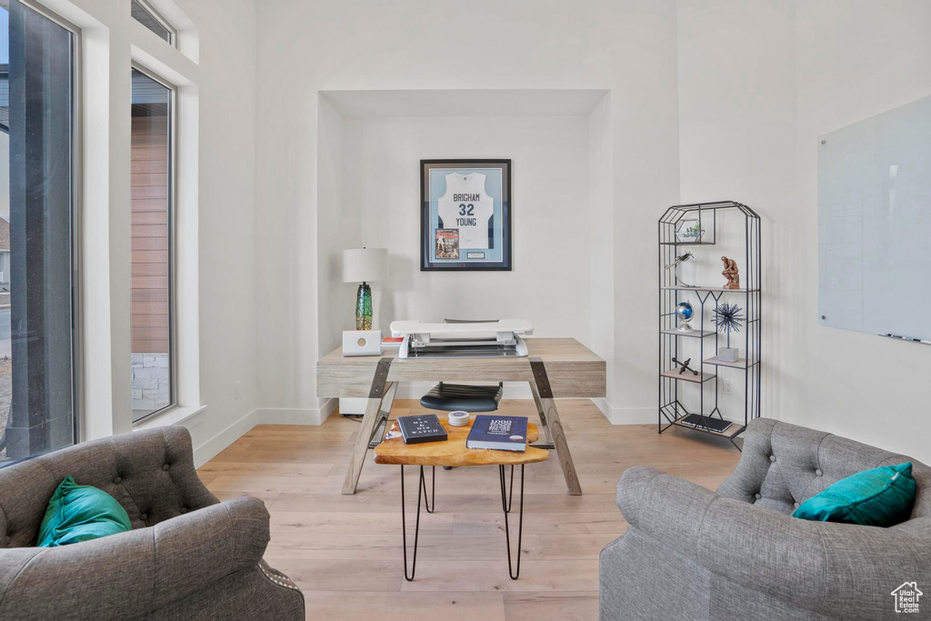 Office area with light hardwood / wood-style flooring