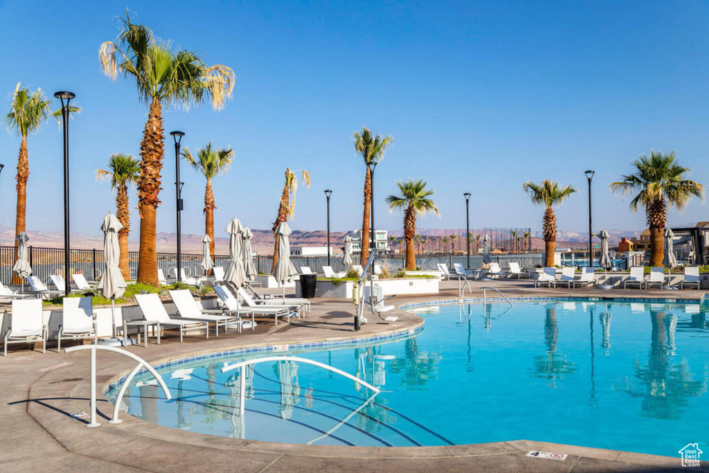 View of swimming pool with a patio
