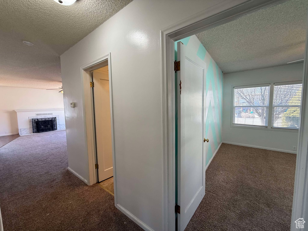 Hall featuring carpet and a textured ceiling